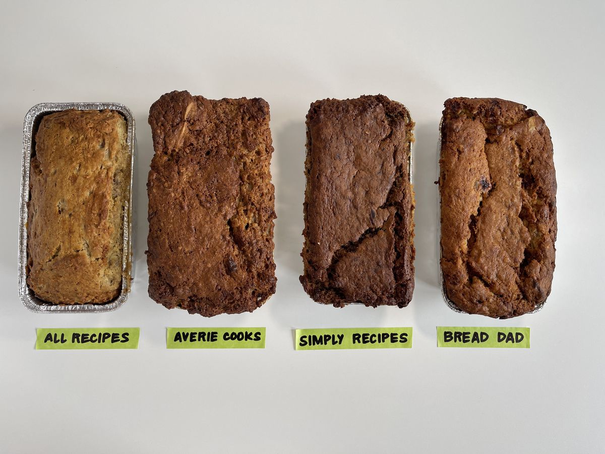 loaves of banana bread from all recipes, averie cooks, simply recipes and bread dad