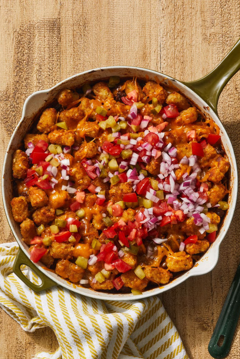 cheeseburger hot dish in a skillet