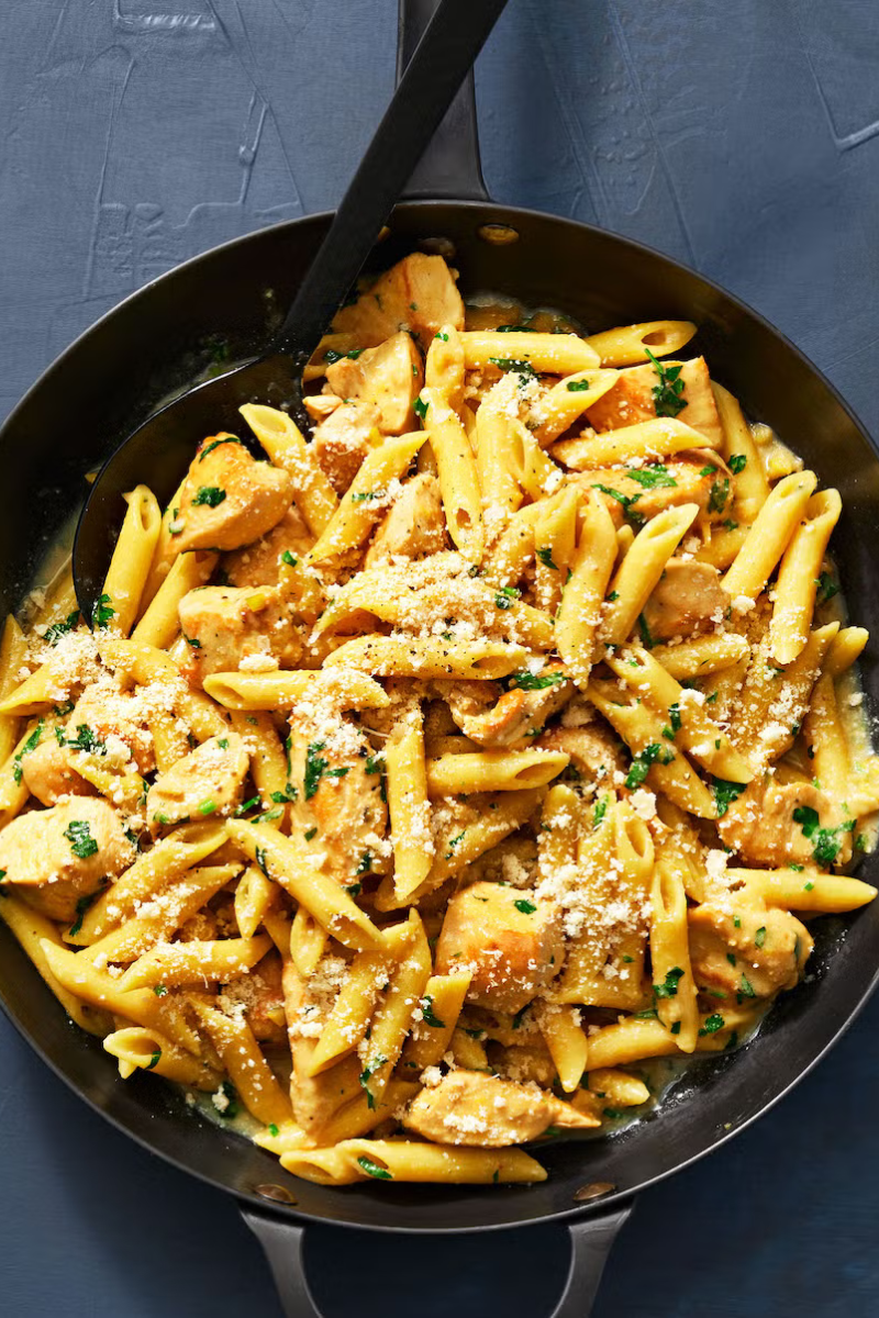 chicken francese pasta in a skillet