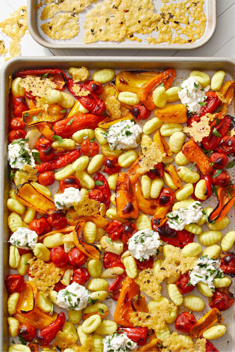 sheet pan gnocchi and peppers with thyme frico