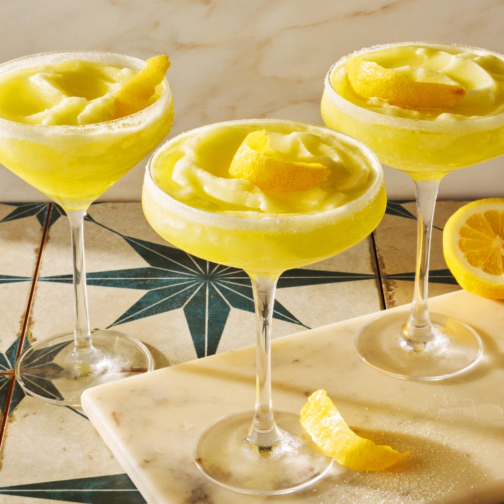 Frozen Limoncello Drop frozen limoncello cocktail with a lemon peel