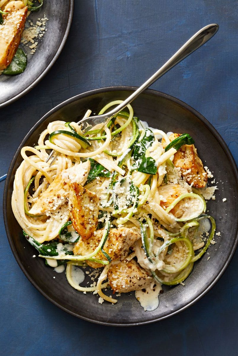 creamy chicken and zoodle recipe on a plate