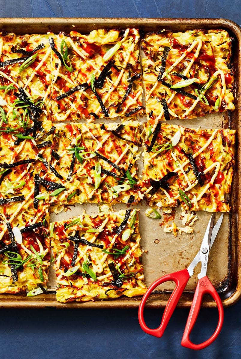 okonomiyaki on a sheet pan