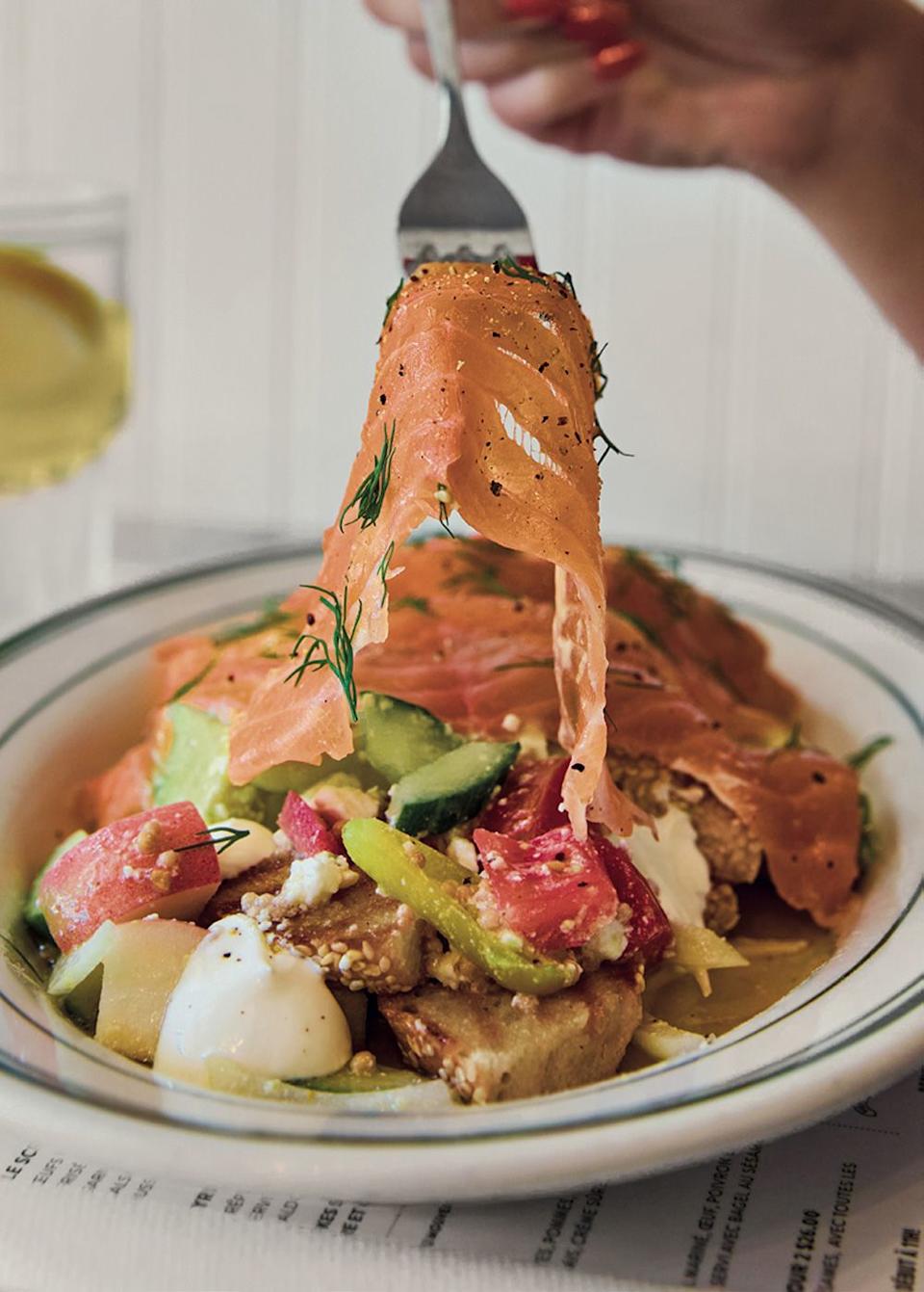 “If you don’t have nectarines, you could use peaches or strawberries even,” Raegan Steinberg says of Arthurs’ smoked salmon panzanella salad. “It’s very versatile.”