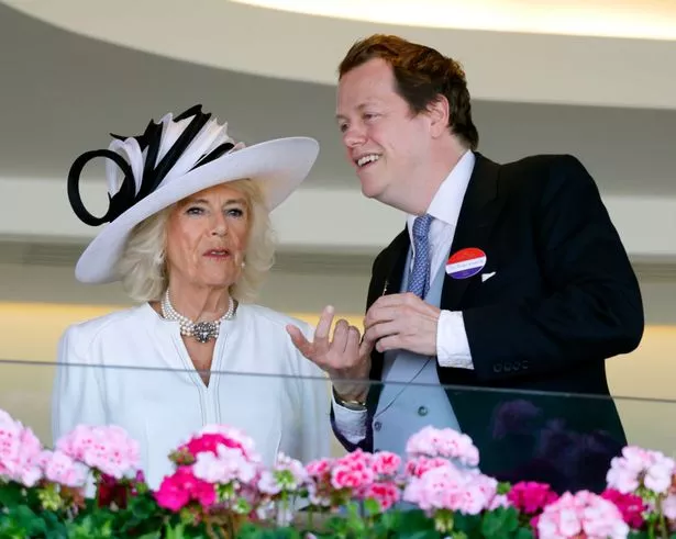Queen Camilla and Tom Parker Bowles watch the racing from the Royal Box as they attend day four of Royal Ascot 2023 at Ascot Racecourse on June 23, 2023 in Ascot, England