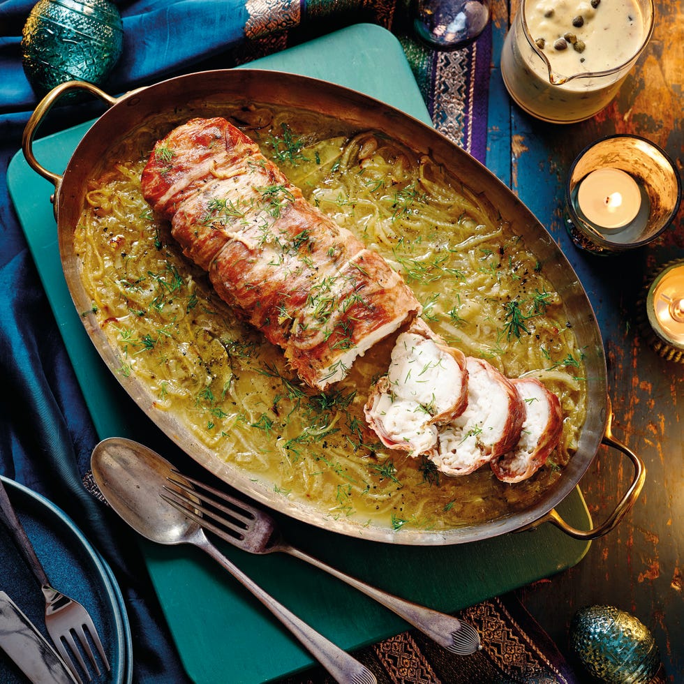 wrapped roast monkfish with champagne sauce