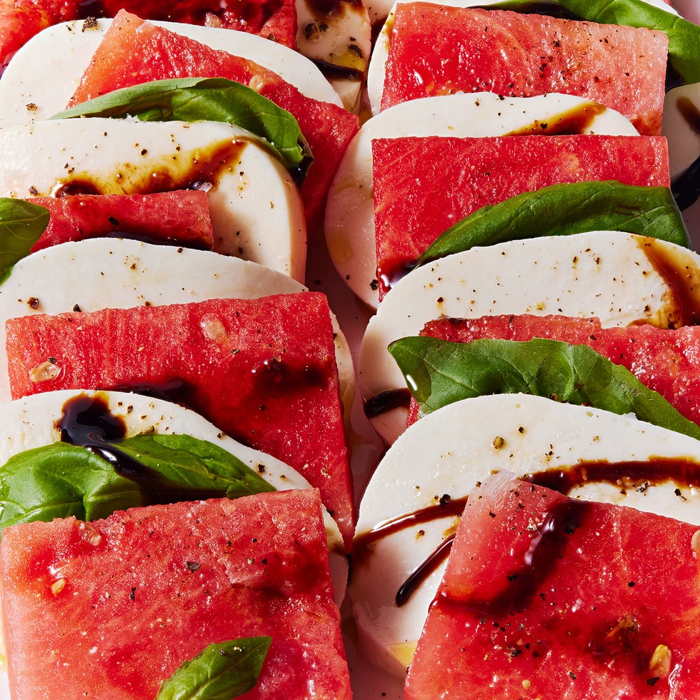 Watermelon Caprese sliced watermelon, mozzarella, and basil drizzled with balsamic
