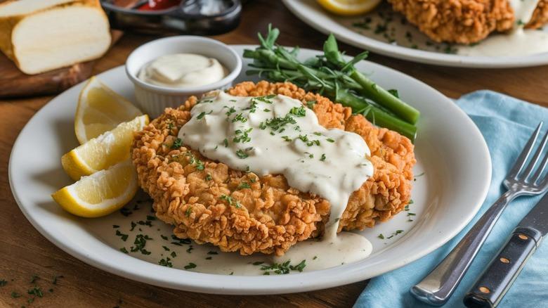 A lovely chicken fried steak on a plate with gravy