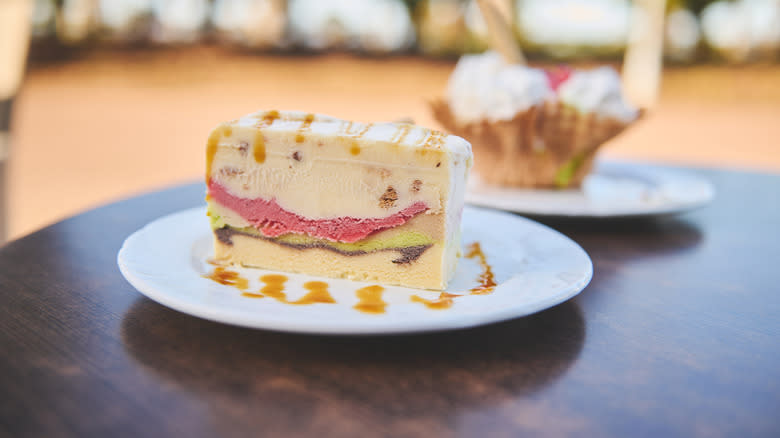 A colorful slice of ice cream cake, drizzled with caramel, sits on a white plate