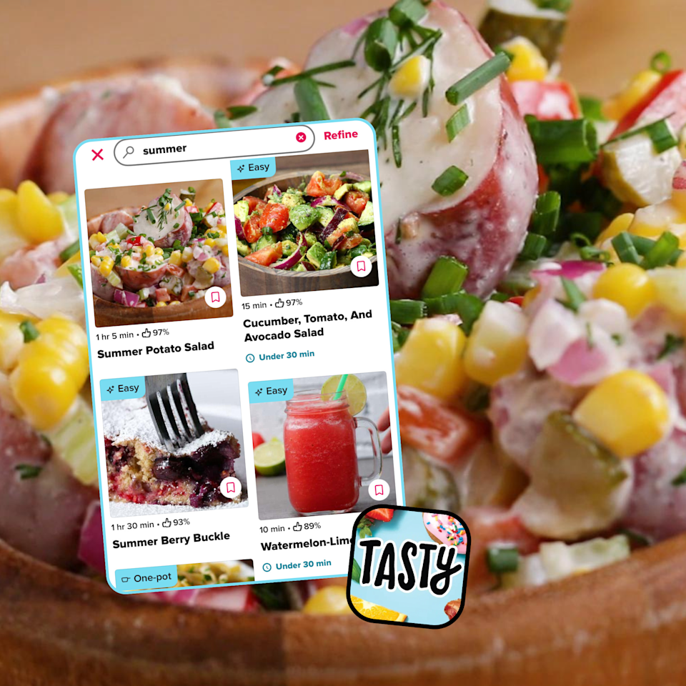 A search for "summer" shows recipes: Summer Potato Salad, Cucumber Salad, Summer Berry Buckle, and Watermelon-Lime Drink on a background of potato salad