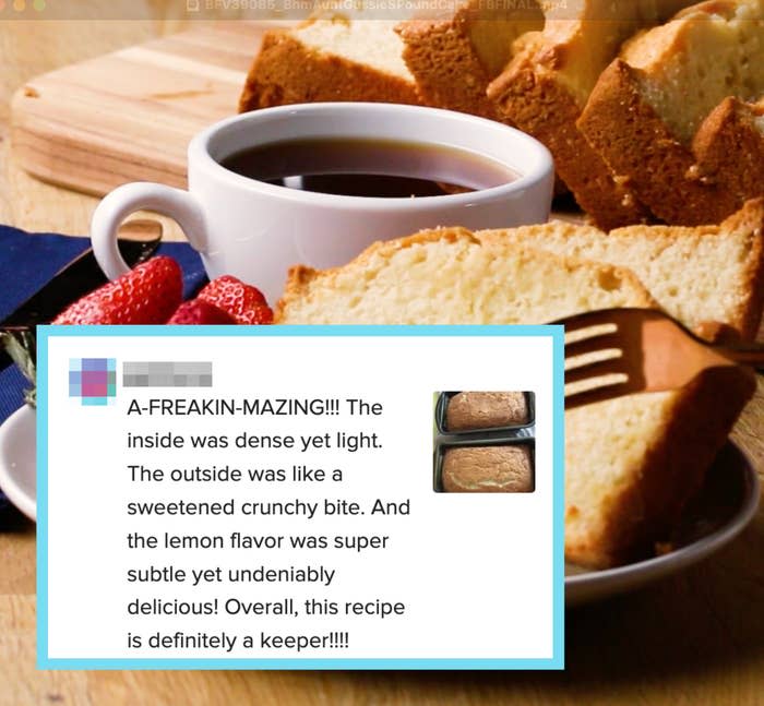 Slice of pound cake on a plate with strawberries, vanilla ice cream, and a cup of coffee in the background