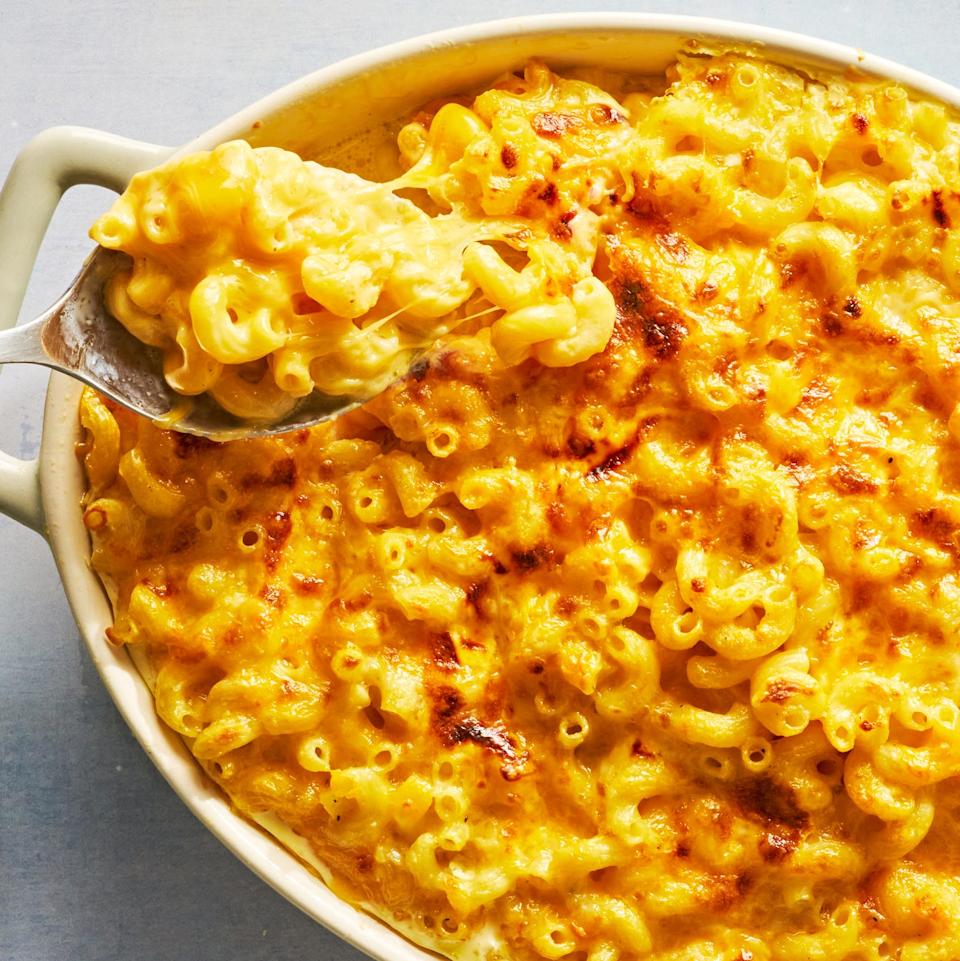 baked mac and cheese in a casserole dish