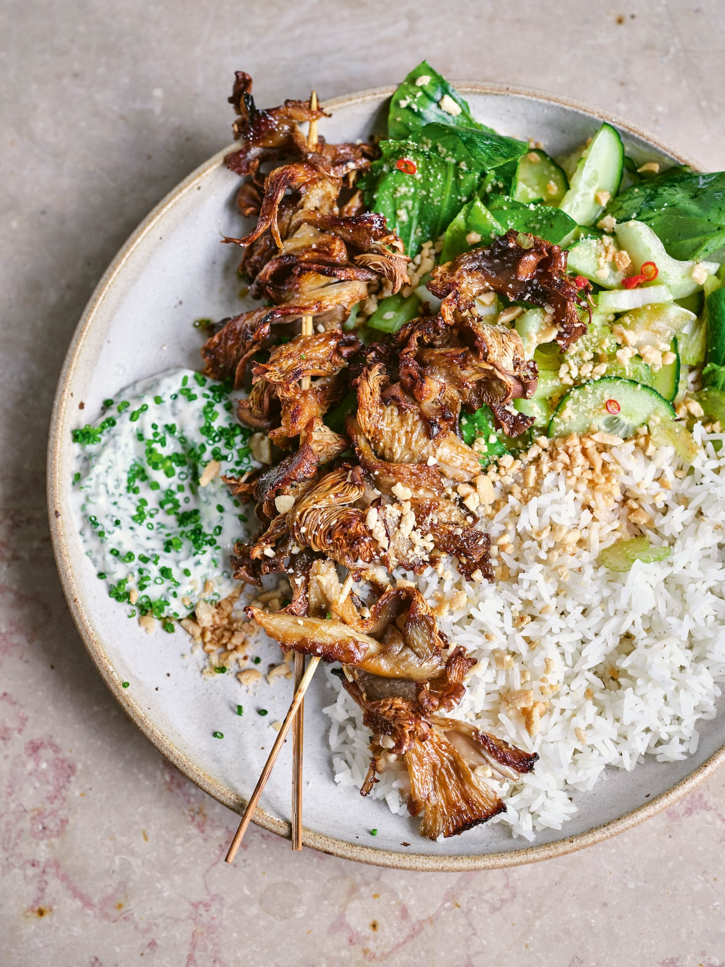 Crispy Oyster Mushroom Skewers from the cookbook “Dinner: 120 Vegan and Vegetarian Recipes for the Most Important Meal of the Day” by Meera Sodha.