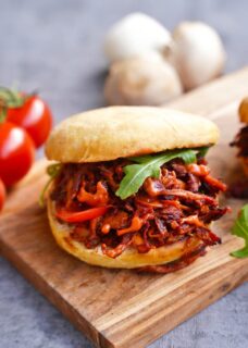 Pulled Mushroom Sandwich on wooden board