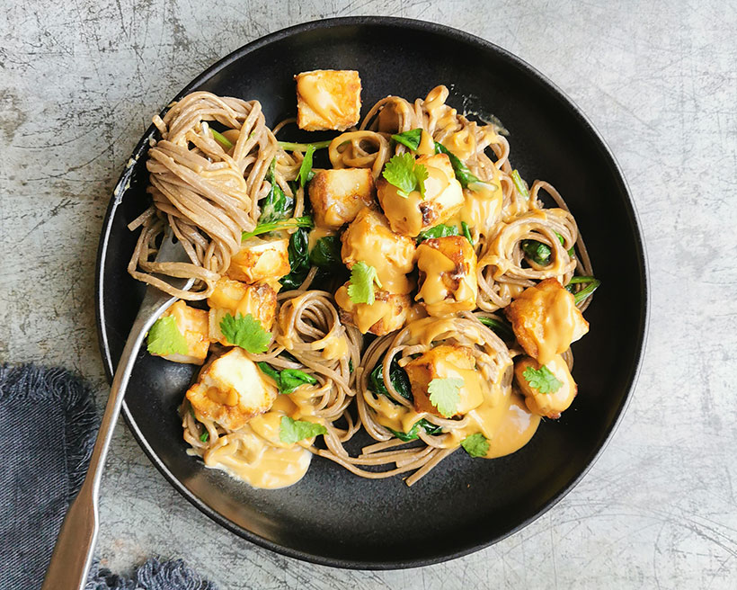 Vegan Peanut Soba Noodles with Crispy Tofu