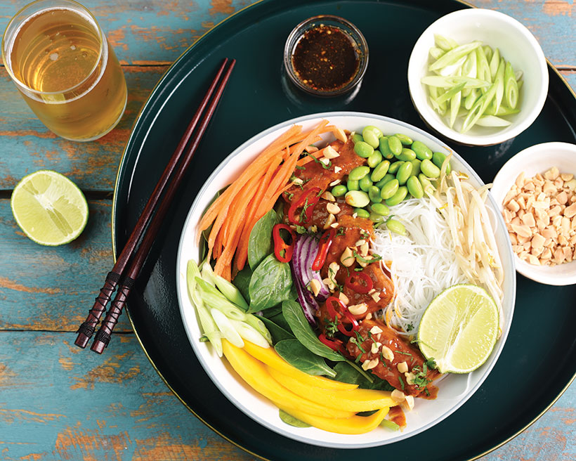 Vegan Tempeh Noodle Salad with Peanut Sauce and Mango