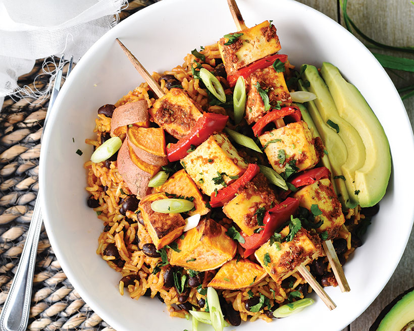 Vegan Tofu Skewers with Mexican Rice & Roasted Sweet Potato