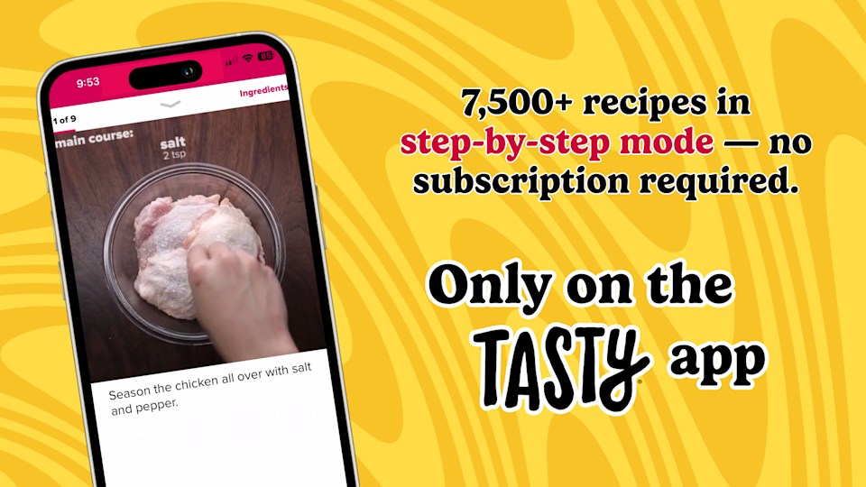 Phone screen showing hands seasoning chicken. Text: "7,500+ recipes in step-by-step mode—no subscription required. Only on the Tasty app."