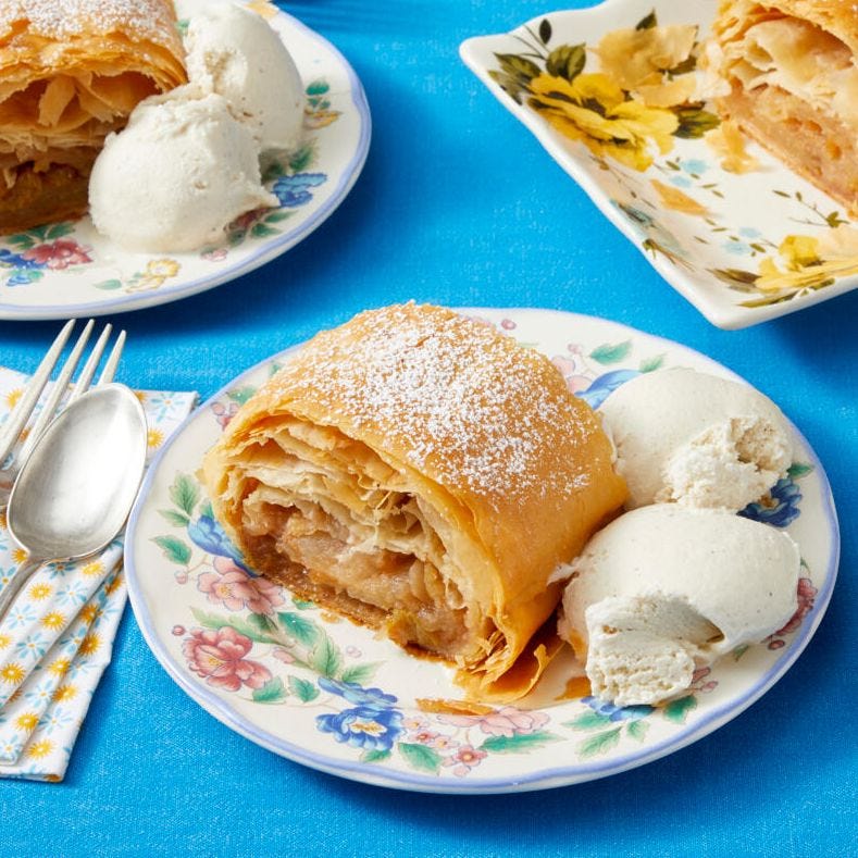 apple strudel on plate with ice cream