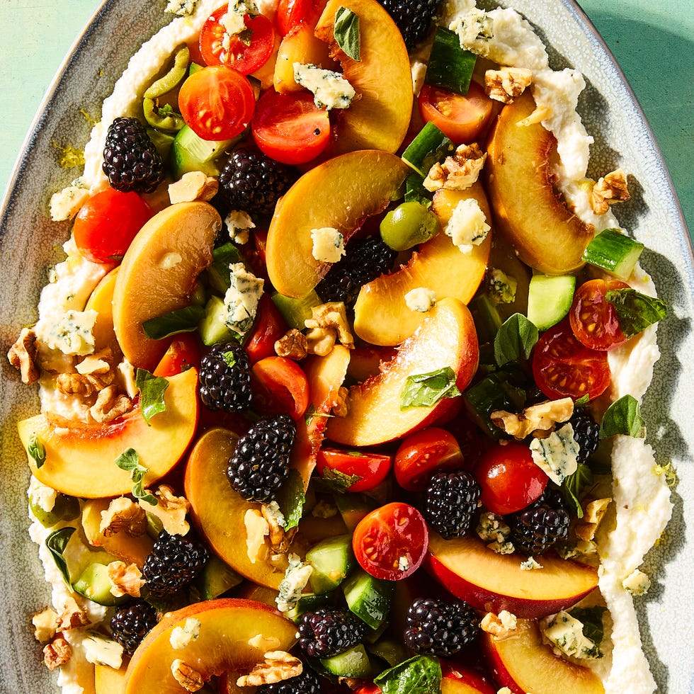 Blackberry Peach Salad blackberries, peaches, tomatoes, blue cheese, walnuts, basil, and olives