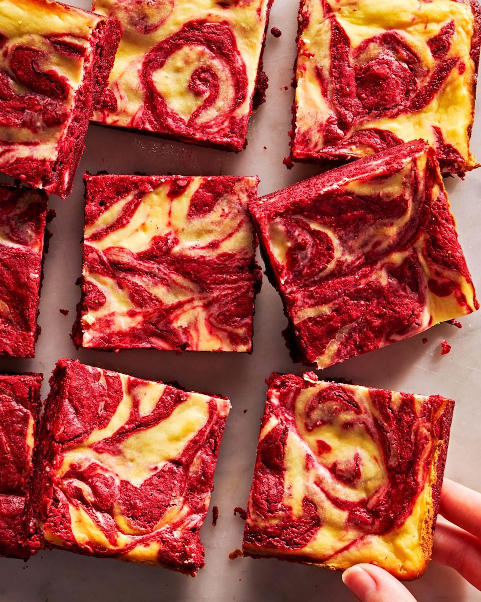 red velvet and cheesecake swirls in brownies