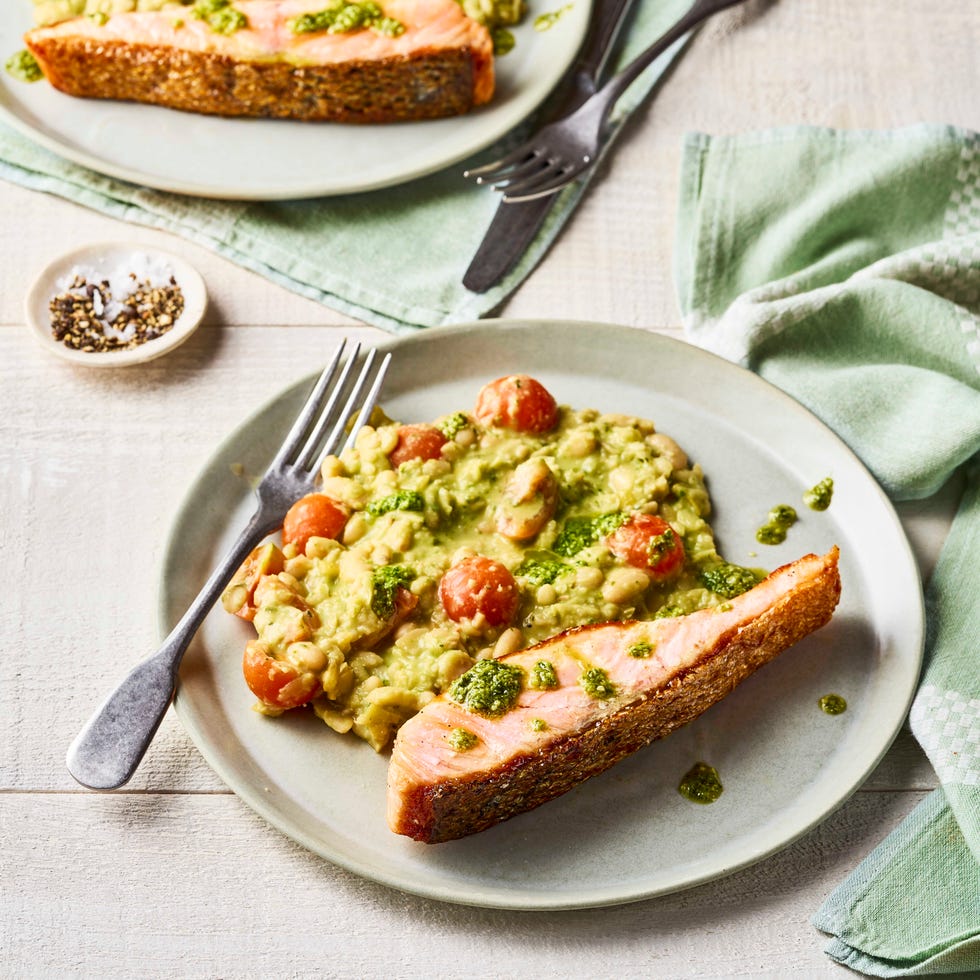 crispy salmon with pesto beans recipe