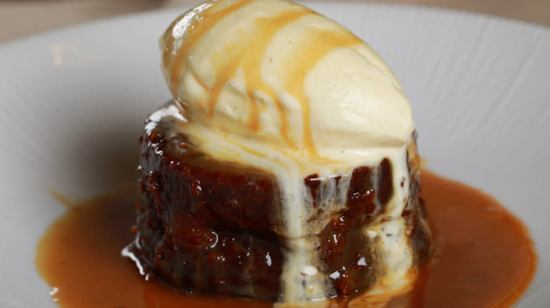 close-up of individual sticky toffee pudding