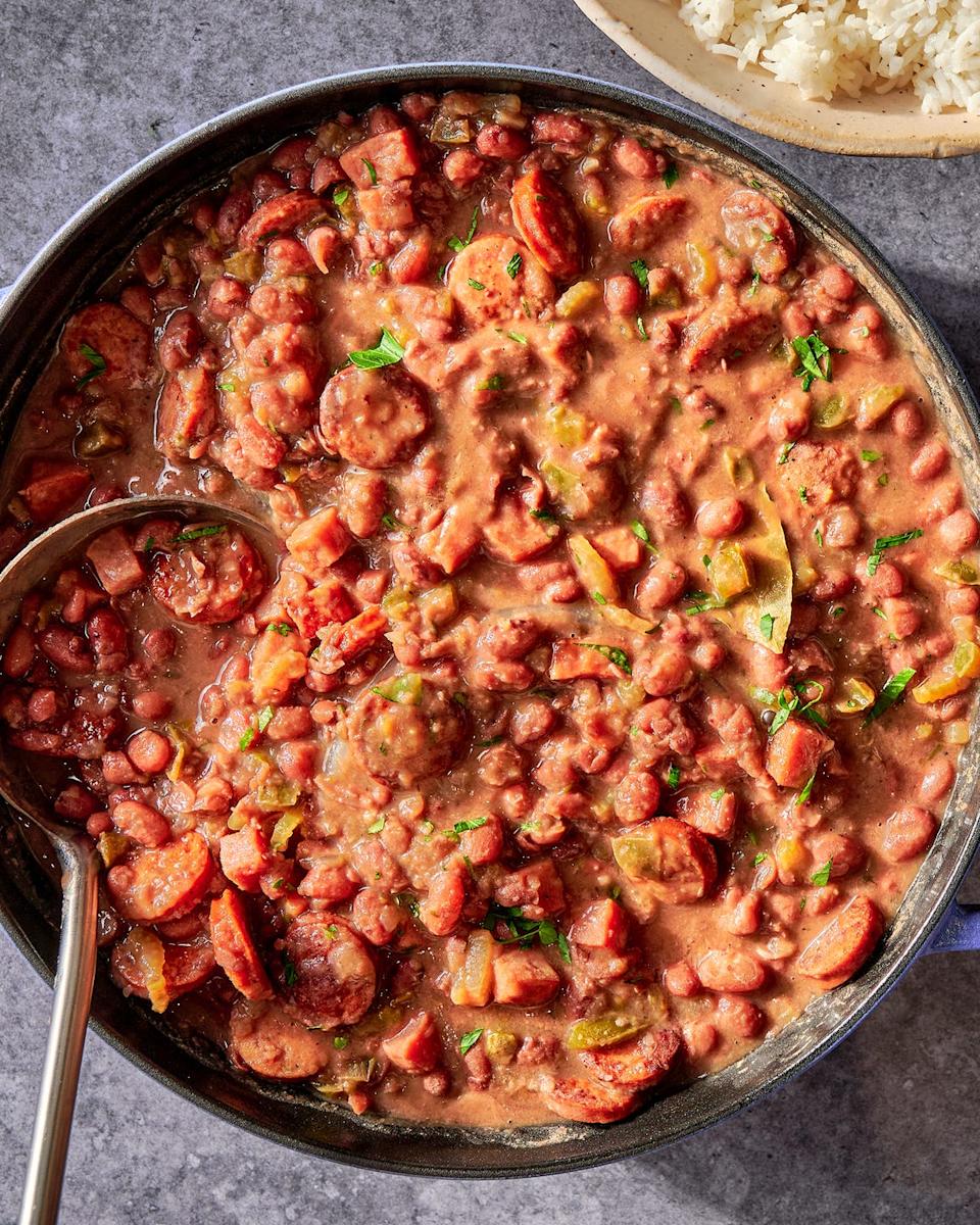 a creole classic with tender, creamy red beans stewed in smoked ham and andouille sausage and flavored with holy trinity vegetables, then served over steamed rice