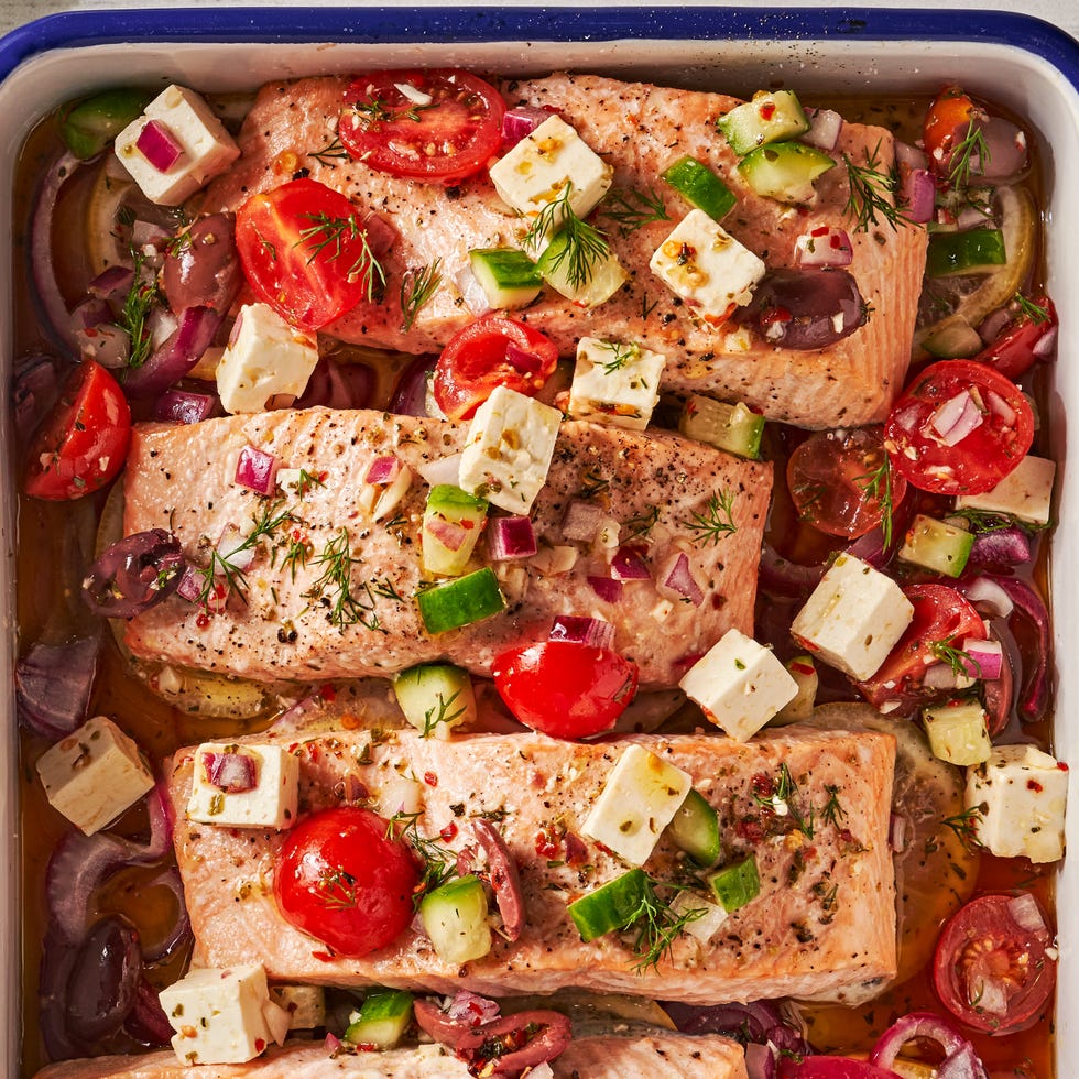 Greek Salmon greek salmon with feta, tomatoes, lives, red onion, and cucumber