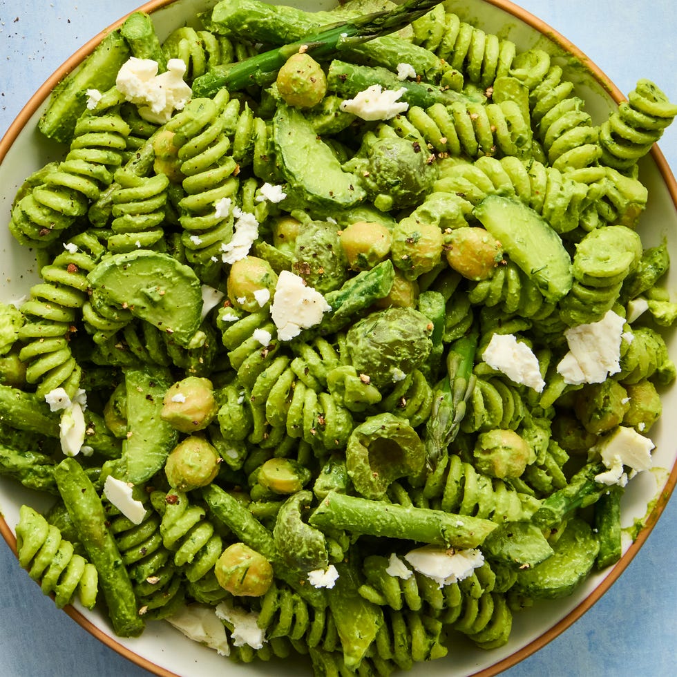 Green Goddess Pasta Salad pasta with chickpeas, asparagus, and cucumbers tossed in a green goddess dressing