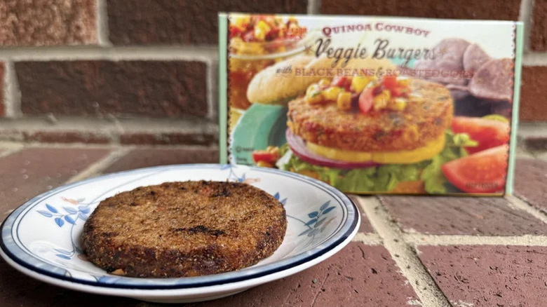 Trader Joe's quinoa burger in a box and on a plate