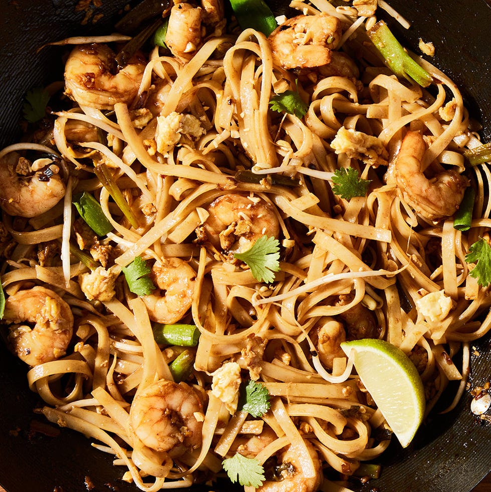 Pad Thai shrimp pad thai with cilantro, peanuts, and lime