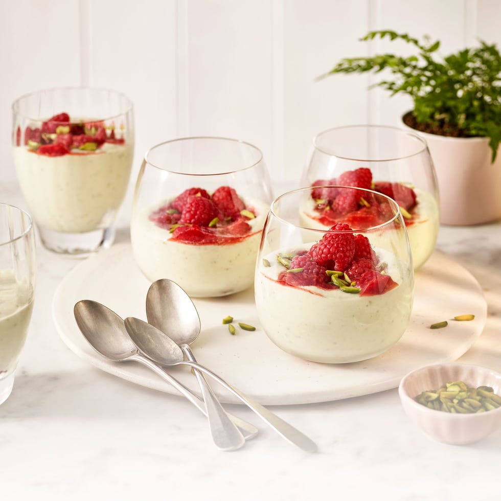 raspberry and pistachio mousses