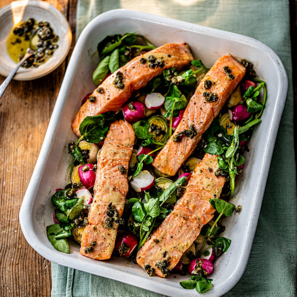 simple salmon, leek and watercress traybake recipe
