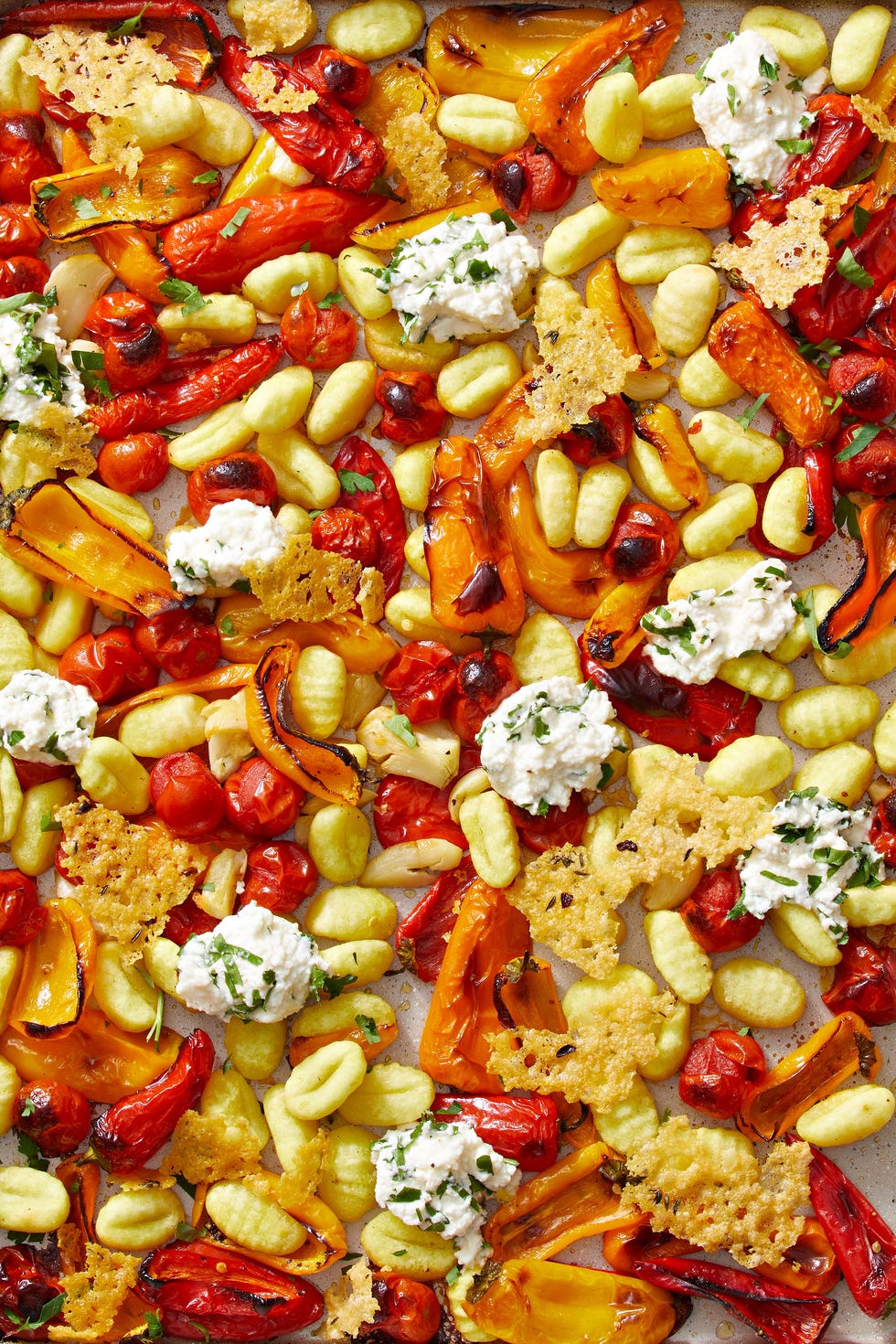 sheet pan gnocchi and peppers with thyme frico