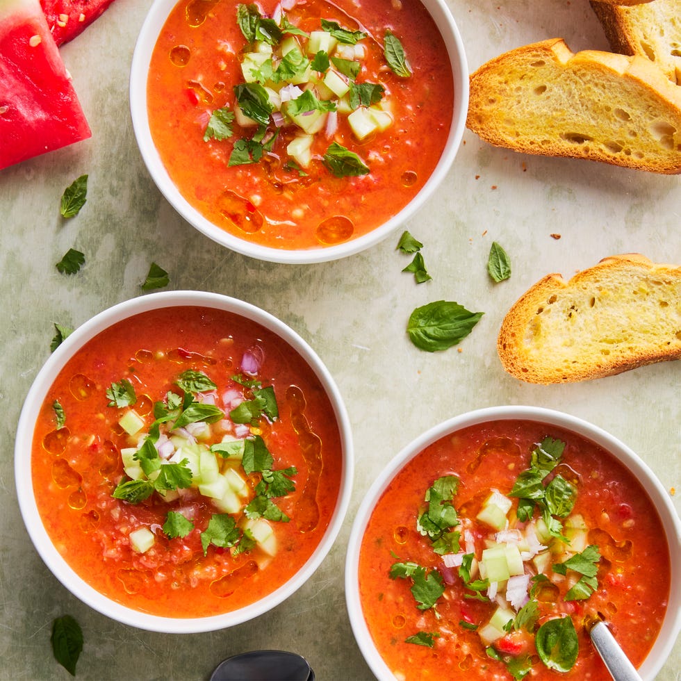 Watermelon Gazpacho watermelon gazpacho topped with cucumber and red onion