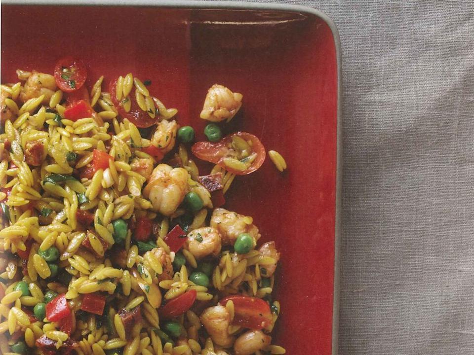 Orzo stands in for paella rice in this salad adaptation of the Spanish favourite. Serve with Blue Mountain’s Gold Label Brut.