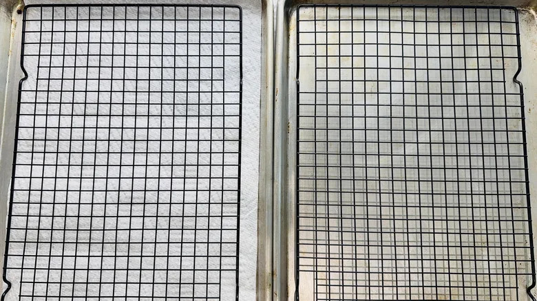 two baking sheets lined with paper and topped with wire racks