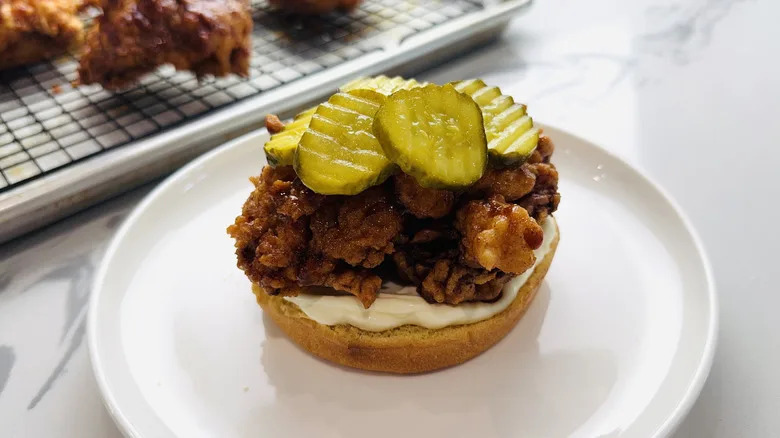 bread with mayo, fried chicken, and pickles