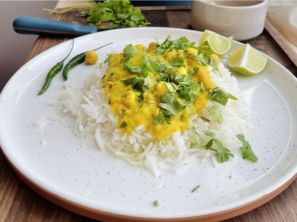 Yellow daal with Wagharni created by vegan chef and cookbook author Priyanka Naik for Our Place.