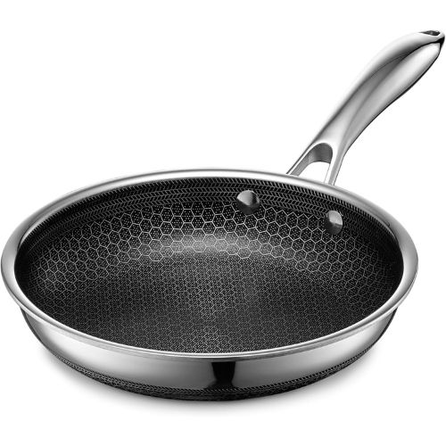 Large stainless steel frying pan with steel handle and black ceramic non-stick coating
