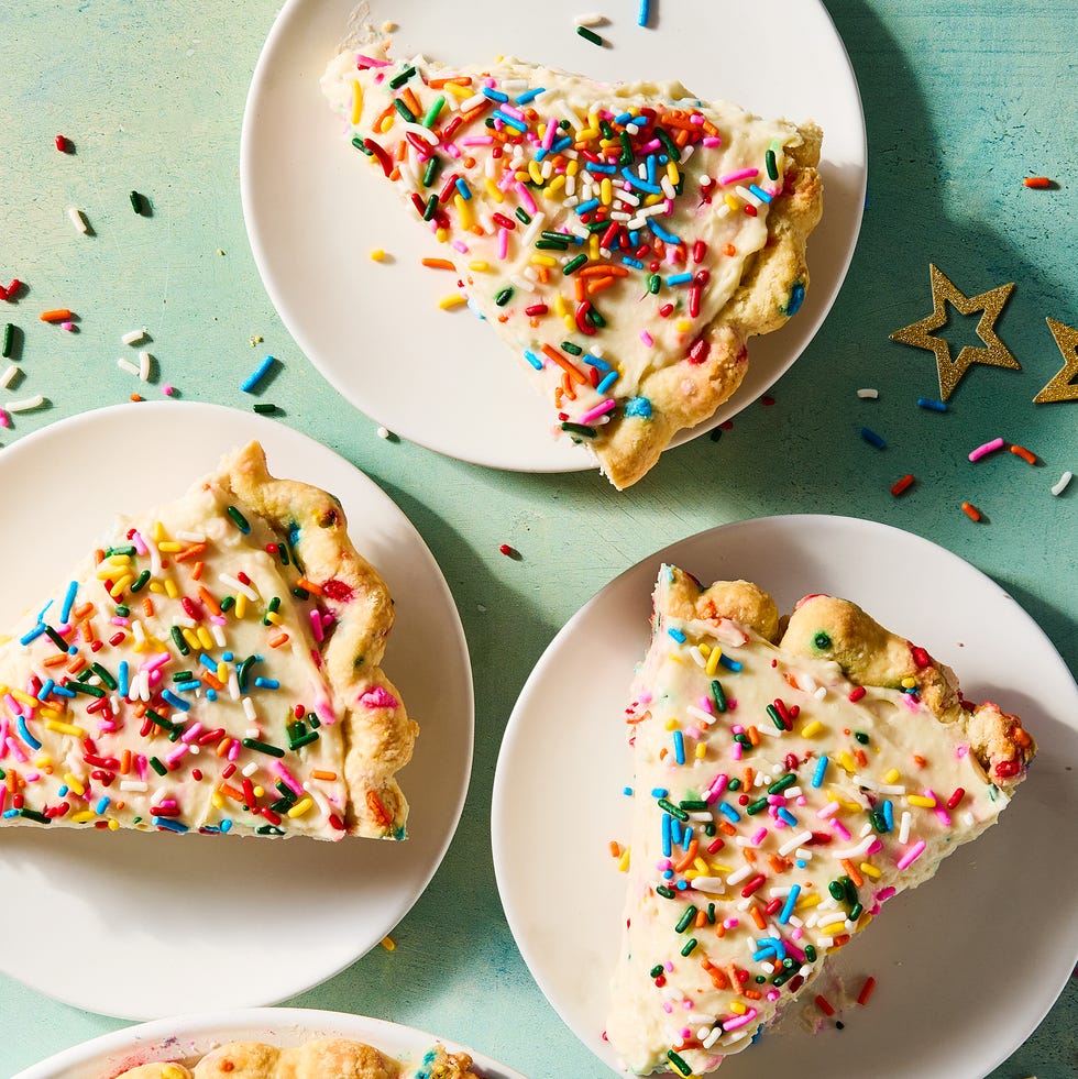 funfetti style cake in a pie dish