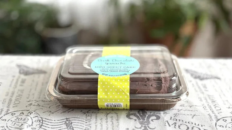 Trader Joe's Dark Chocolate Ganache Mini Sheet Cake on a tbale