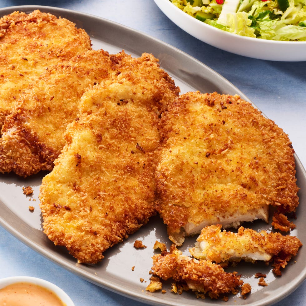 Crunchy Coconut Chicken chicken breasts coated in coconut and fried until crispy