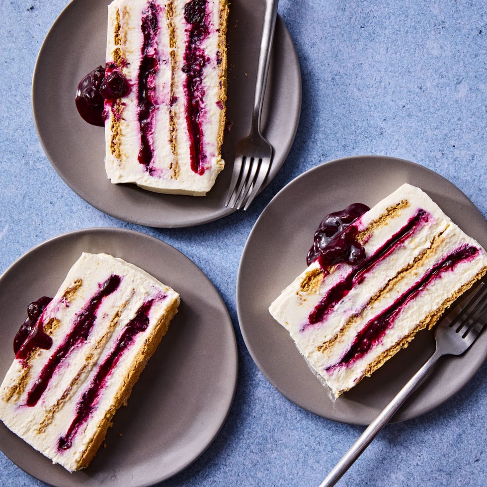 Blueberry cheesecake icebox cake slices of blueberry cheesecake icebox cake on plates