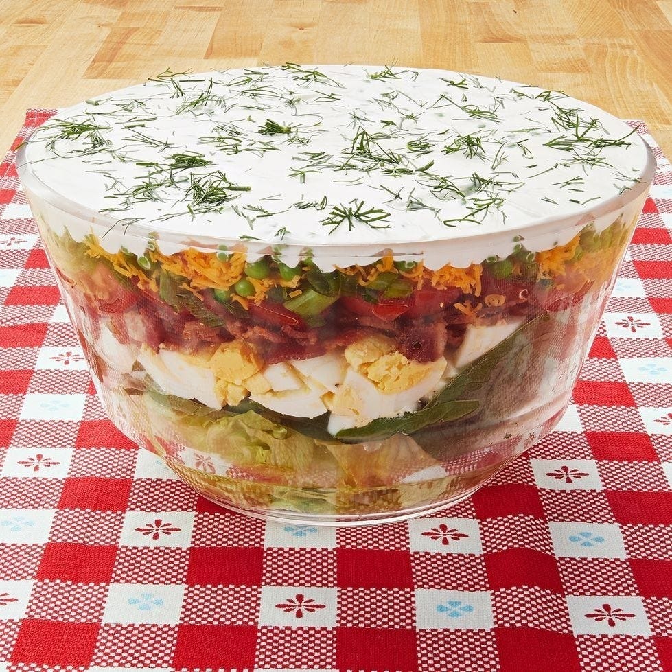 dishes at a midwestern potluck layered salad