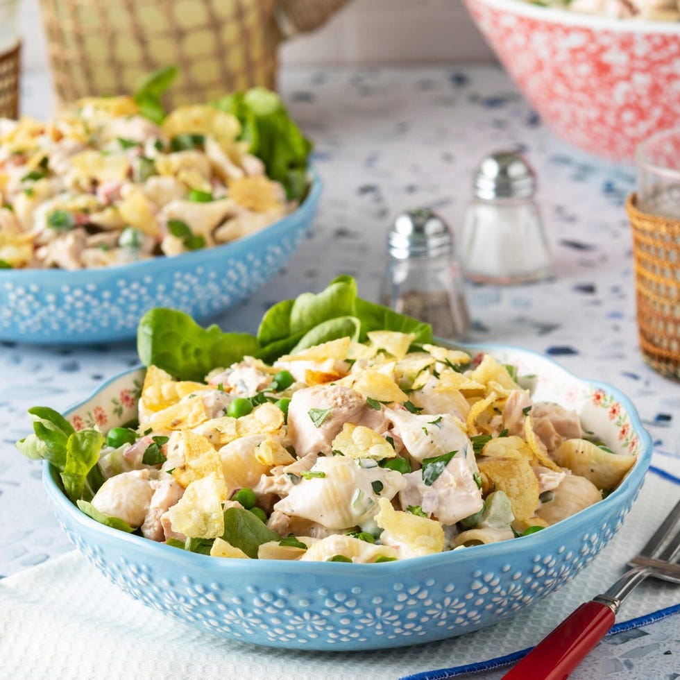 dishes at a midwestern potluck tuna pasta salad