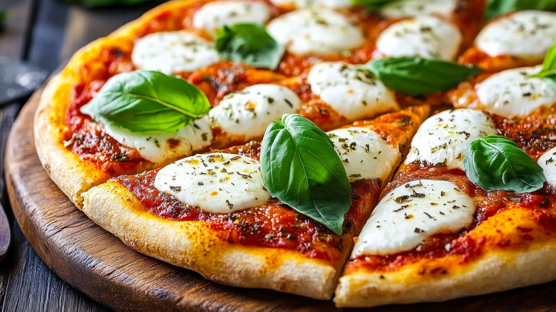 A finished Margherita pizza is sliced on a cutting board.