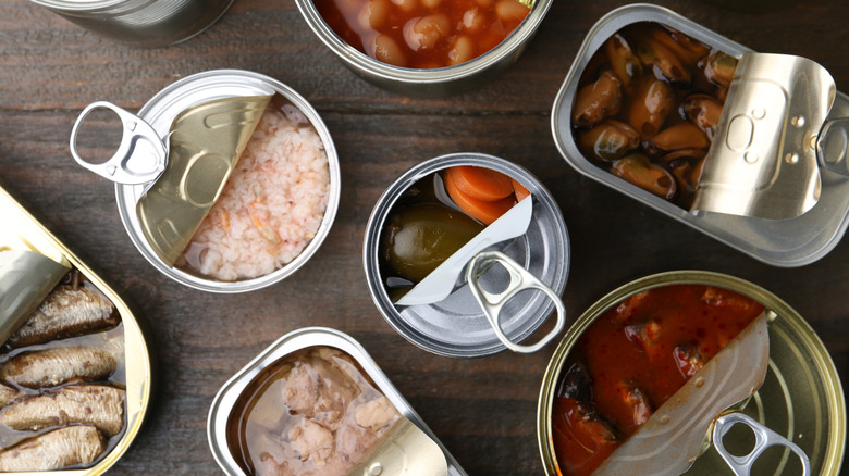 Opened tinned cans, including fish