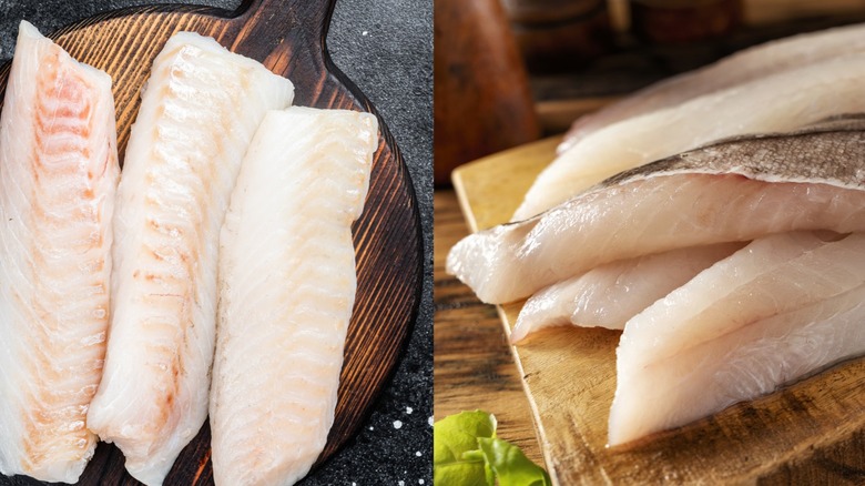 side by side images of raw cod fillets and haddock fillets on chopping boards